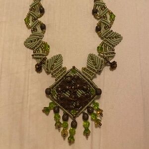 Hand crafted micro-macrame and beaded necklace w/pendant metal floral & beads